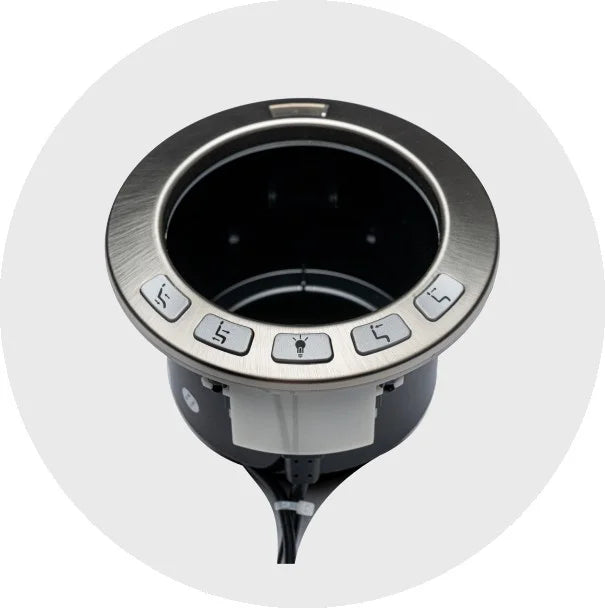Round cup holder control panel with buttons on a grey-white  background