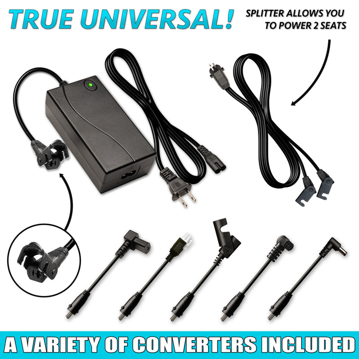 A black universal power supply transformer with multiple cables and connectors, designed to power various electronic devices.