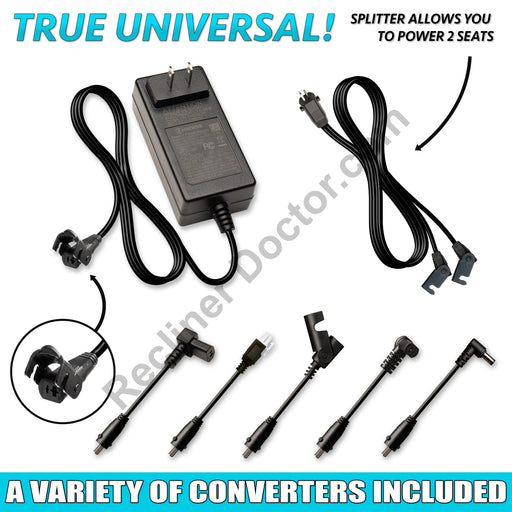 A black universal wall power supply with multiple cables and connectors, including a splitter for powering two seats, and various converter attachments.