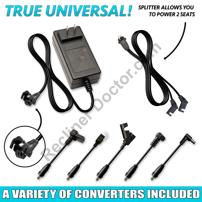 A black universal wall power supply with multiple cables and connectors, including a splitter for powering two seats, and various converter attachments.