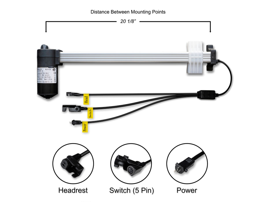 A black linear actuator motor with a distance chart, various connectors, and a label indicating a 5-pin switch. ML18-035 model is visible on the motor.