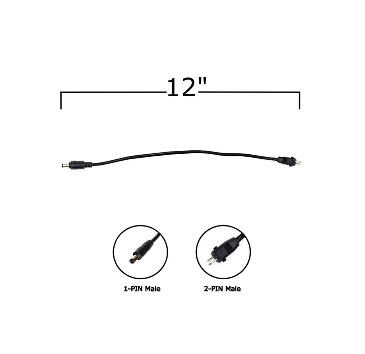 12-inch cable with 1-pin and 2-pin male connectors on a white background
