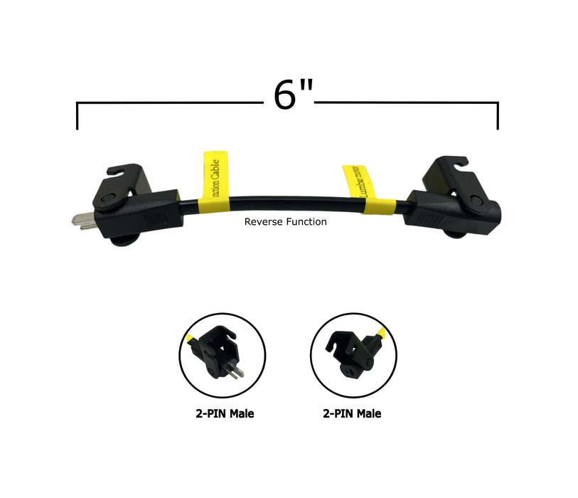 Tow cable with 2-pin male connectors and measurement label on a white background