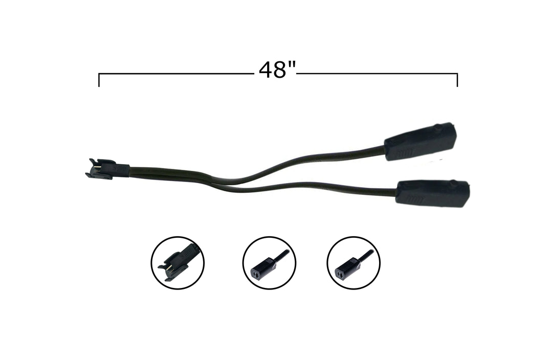 A black Y cable splitter with one 2-Pin male connector on one end and two 2-Pin female connectors on the other end. The cable measures 48 inches in length.
