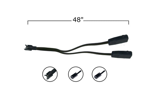 A black Y cable splitter with one 2-Pin male connector on one end and two 2-Pin female connectors on the other end. The cable measures 48 inches in length.