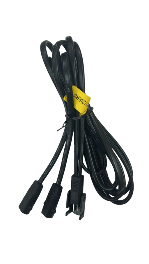 Black cable with 3 connectors , one male and 2 female , on white background .