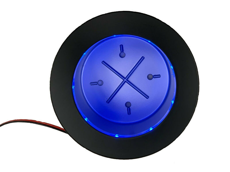 Electric cup holder with blue LED lights, designed for use in furniture such as recliners and sofas, with a black rim and a visible blue LED lit-up area.