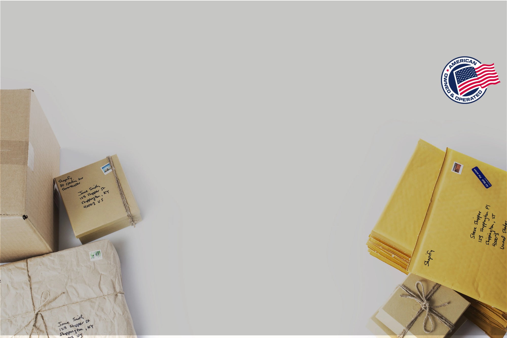 Postal items including envelopes and boxes on a light gray background with a U.S. flag icon.