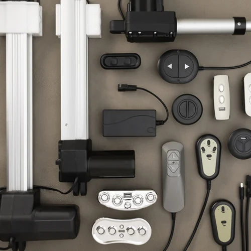 Collection of electronic components of Recliners . Hand wands, remotes , actuators, power adapter, control units , cup holders.