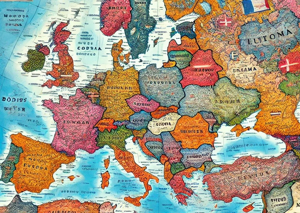 Colorful map of Europe with various countries .