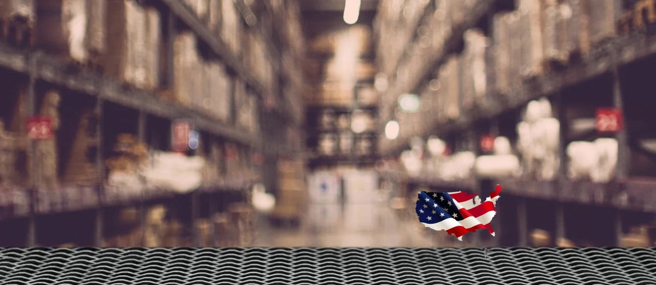 Blurry warehouse interior with an American flag overlay