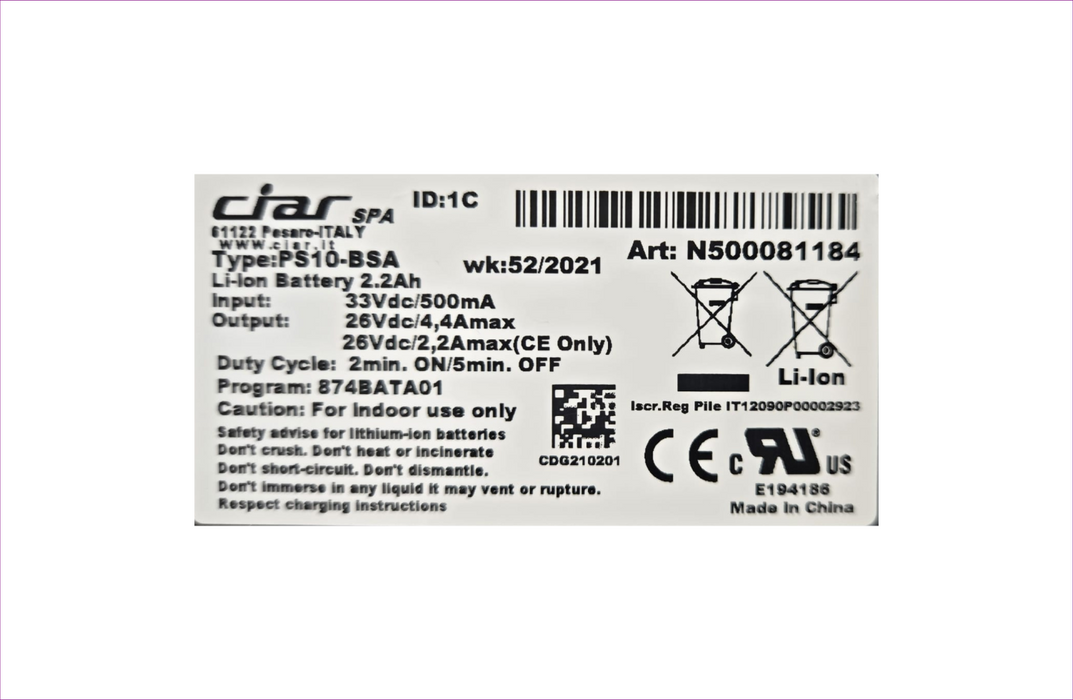 CIAR Rechargeable Battery Type: PS10-BSA Art: N500081184  (26V, Li-Pol, 2200mAh) same as N500080990