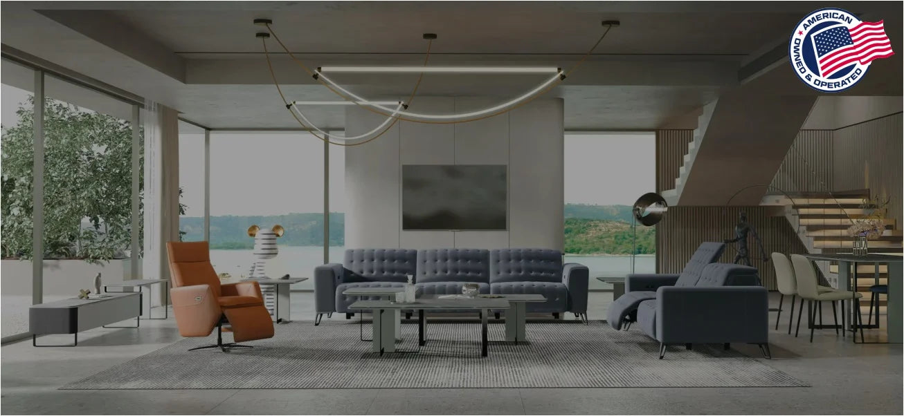Modern living room with classy recliner chair and recliner sofas, featuring an American flag emblem.