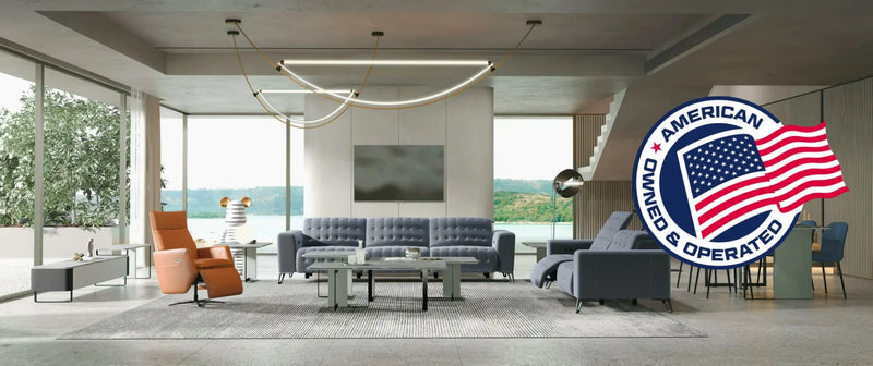 Modern living room with recliners and a logo showing we are an American owned American Operated Company.
