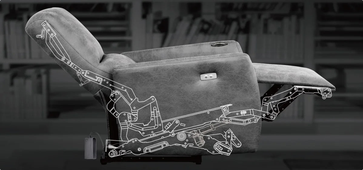 Gray recliner chair with mechanical diagram overlay on a blurred background for mobile site .