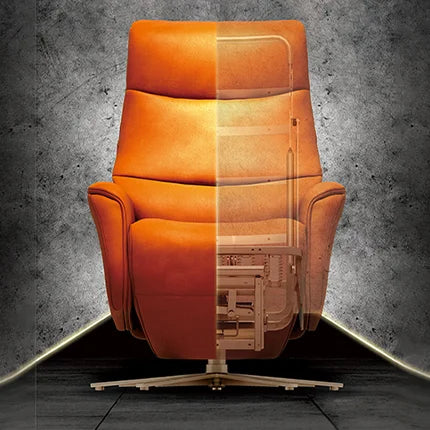 Orange recliner chair with a transparent half-section on a dark concrete background