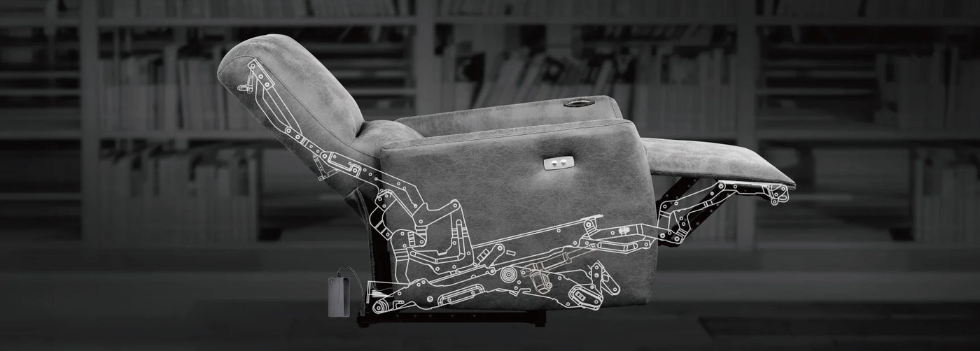 Gray recliner chair with mechanical drawings on a blurred background.