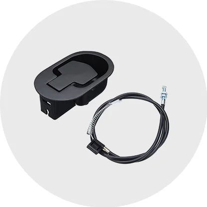 Black mechanical lever with a cable on a white background
